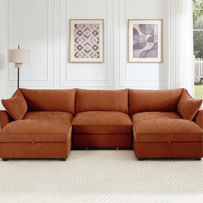 Canapé en U orange à 3 places en chenille, avec 2 repose-pieds mobiles, rangement modulaire caché avec repose-pieds et sièges, tiroir escamotable, croissant, tiroir en tissu surdimensionné en forme de croissant