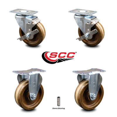 4 Piece Phenolic Top Plate Caster Set with 2 Brakes and 2 Rigids