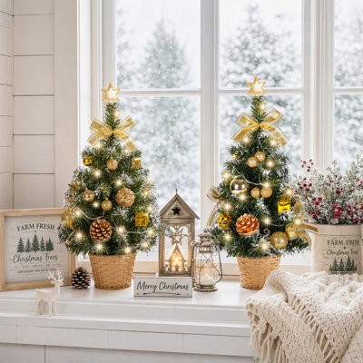 Set of 2 Pre-Lit Tabletop Christmas Trees, 17.72" Mini Artificial Pine Trees with Ornaments, Pinecones, Bows and Star Toppers for Holiday Home and Office Decor