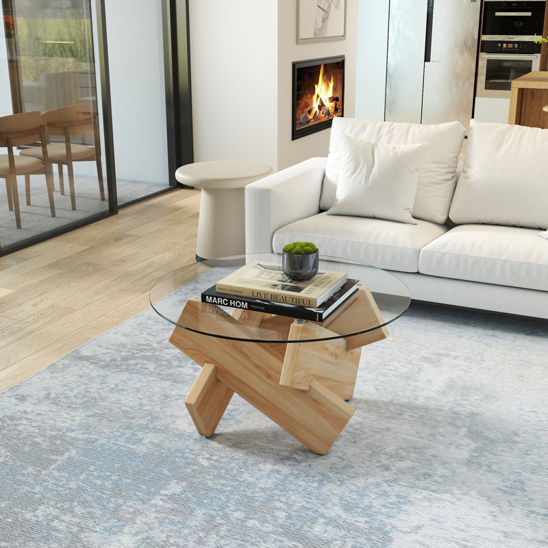 Table basse ronde en verre trempé avec pieds en panneau de fibres à densité moyenne pour le bureau de la chambre à coucher du salon
