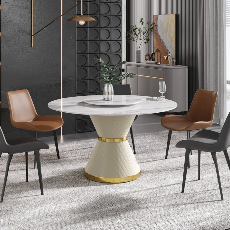Patsy Round Dining Table with Rotating Tray, White, 29.5" H x 53" W x 53" L