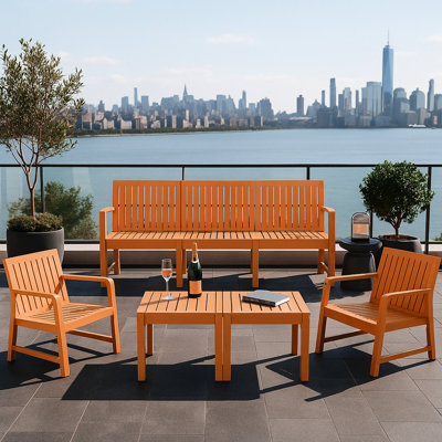 Ensemble de 5 meubles d'intérieur/extérieur couleur abricot brun : 3 chaises, 2 tables basses, structure en rouille, polypropylène imperméable, montage rapide et facile, idéal pour optimiser l'espace sur votre terrasse.