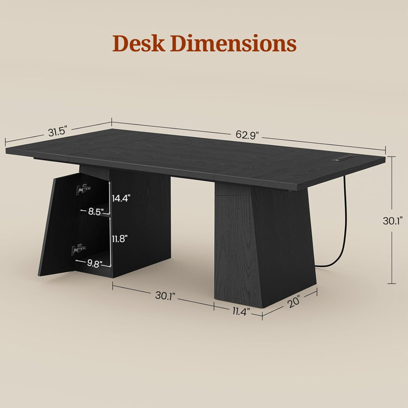 Bureau de direction 63 po, bureau à domicile moderne avec prises de courant et armoire de rangement, table de conférence