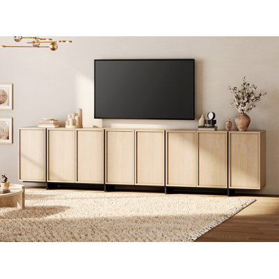 Maisonet Modern TV Stand For Tvs Up To 110", Wooden Entertainment Center TV Console With 8 Door Closed Storage And T-Shaped Wood Legs, Media Console Cabinet For Living Room, Bedroom, Oak