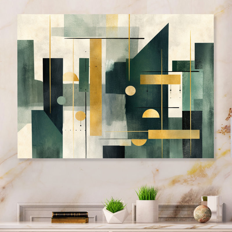 Décoration murale en métal aux formes abstraites dorées et vertes, H 16 po x l 32 po 