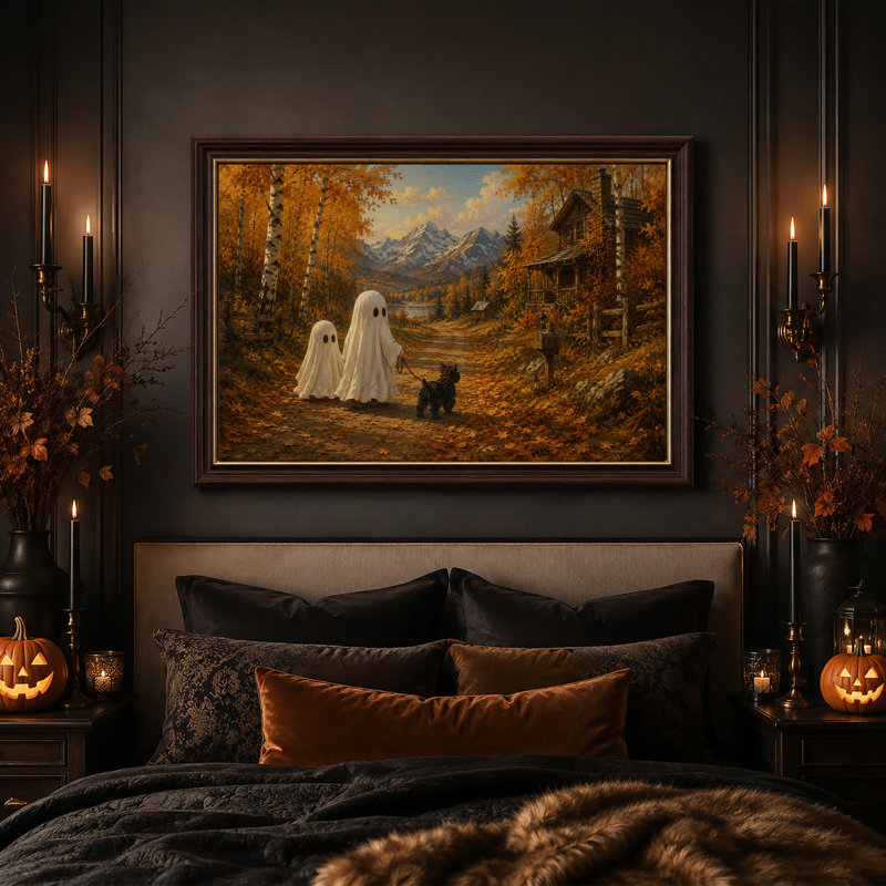 Deux fantômes promenant un chien sur un sentier doré d'automne près de l'Halloween - Toile murale, 12"H x 18"W