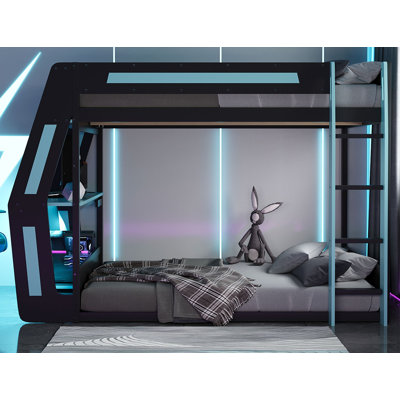 Lit superposé double pleine grandeur avec bureau RVB surdimensionné monté sur le côté, ports de charge USB et œillet pour câble, bande lumineuse à DEL, structure Loft Esports robuste - bleu clair