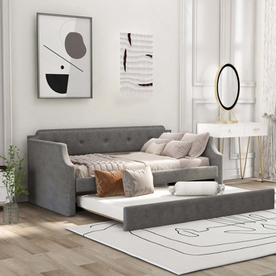 Upholstered Daybed With Trundle, Wood Slat Support