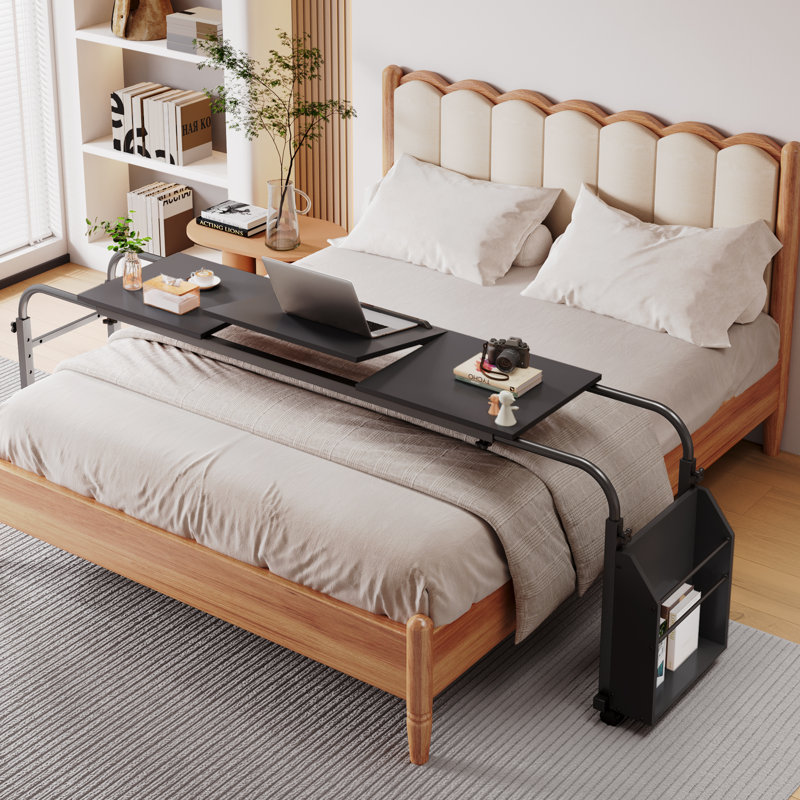 Overbed Table with Wheels,60.6-84.2 inches Mobile Bed Desk,Rolling Computer Desk, Laptop Cart,With 0-65°Tilt Stand,4 Heights and 6 Lengths,Side Storage Basket,for Home,Office and Hospital