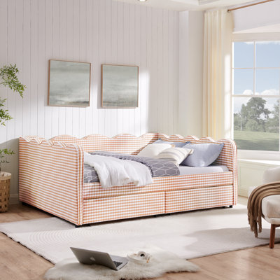 Queen Size Cozy Gingham Daybed with Two Storage Drawers, with USB Port and Adorable Wave Shaped, Linen Fabric