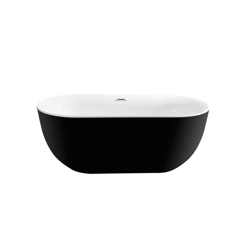 59" Streamline Freestanding Soaking Acrylic Bathtub With Drain and Bamboo Tray, Polished Chrome