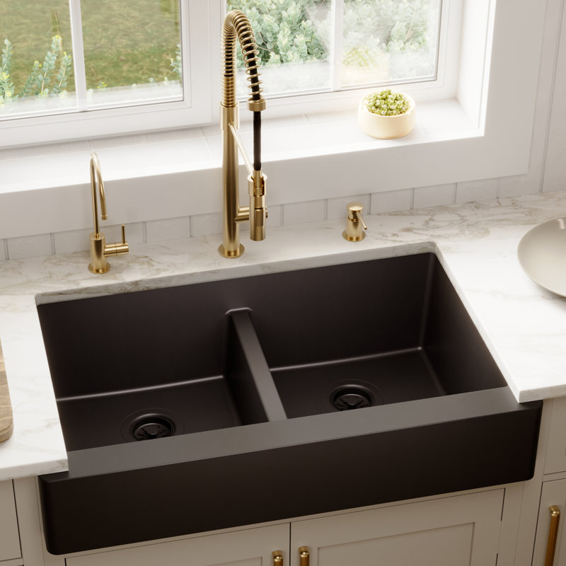 Karran Retrofit Farmhouse Apron Front Quartz Composite 34'' X 21-1/4'' 50/50 Double Bowl Kitchen Sink, Black