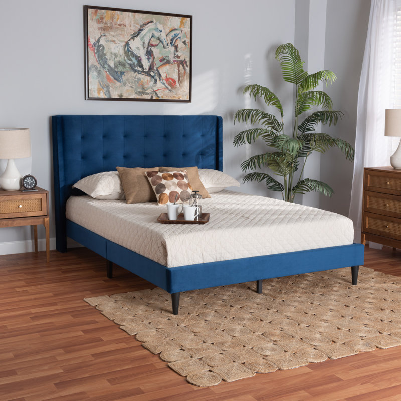 Lit plateforme grand et moderne en tissu de velours gris Meiya Gothard, Bleu marine, Très grand