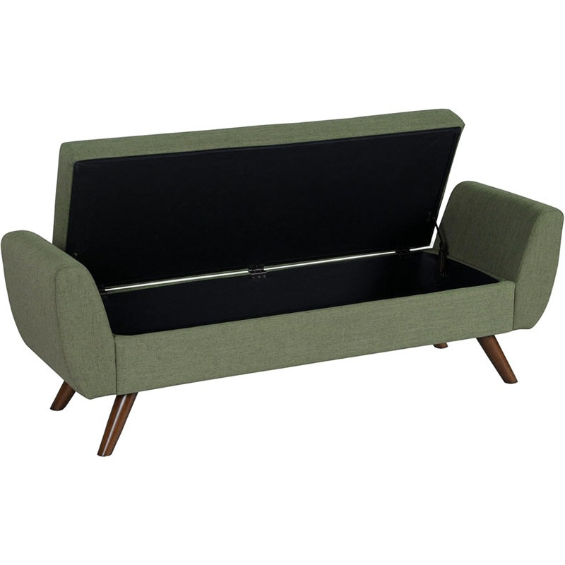 Banc de rangement moderne avec pieds en bois, siège rembourré en tissu tissé, vert olive