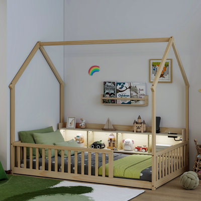 Lit mezzanine double avec étagères de rangement, en pin naturel, monobloc, éclairage DEL intégré, station de recharge, barrières de sécurité, design bas, 195,6 x 123,2 x 172,7 cm, 26 kg