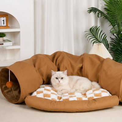 Lit tunnel pour chat 2-en-1 pliable avec tapis moelleux détachable, tunnel de jeu rond pour chat lavable, canal pour chat interactif à double entrée, nid de repos doux toutes saisons pour petits chats d'intérieur