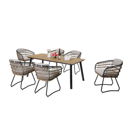 7 Outdoor Dining With Wood Table, Handwoven Seating, Rustproof Frames, Water-repellent Cushions, Scandinavian Style For Garden Gatherings Chairs, Black Steel, Decks