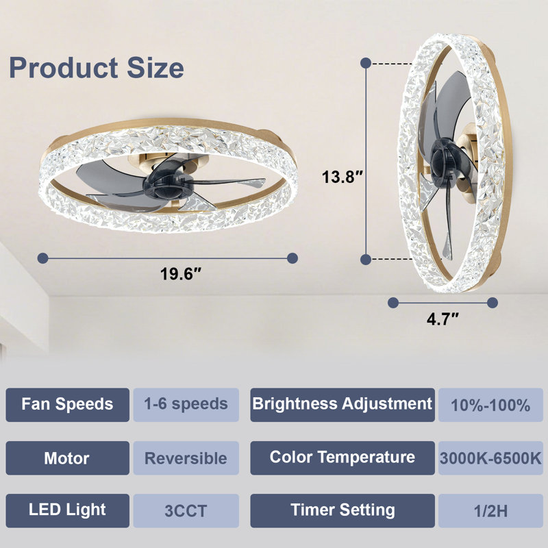 Ventilateur de plafond extra-plat Depuley 50 cm avec éclairage, silencieux, application et télécommande, DEL 3 CCT à intensité variable, montage encastré pour chambre, couleur or