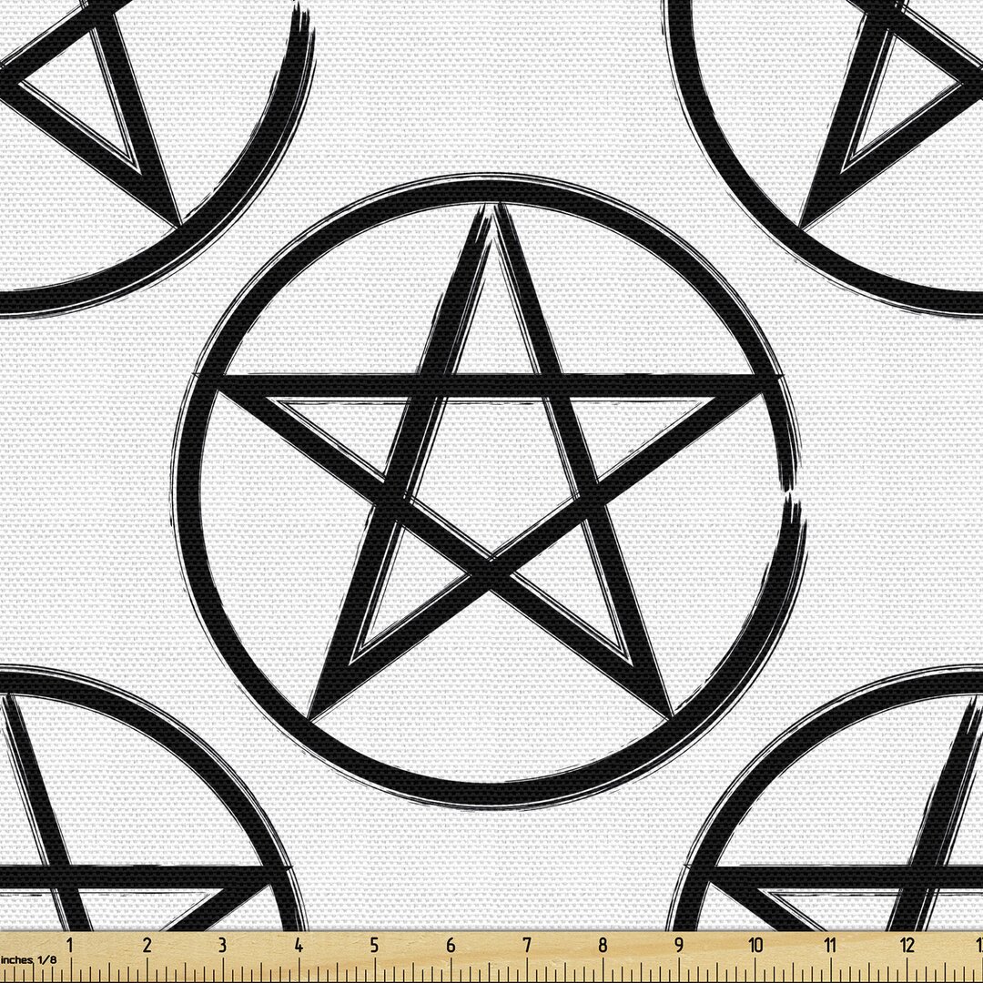 Gewebe als Meterware, Pentagramm Stern im Kreis, Pentacle, Charcoal Grau und Weiß