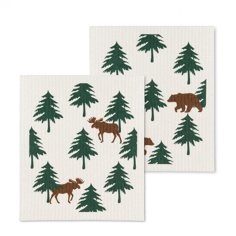 Set Of 2 Moose & Bear With Pine Trees Dishcloth