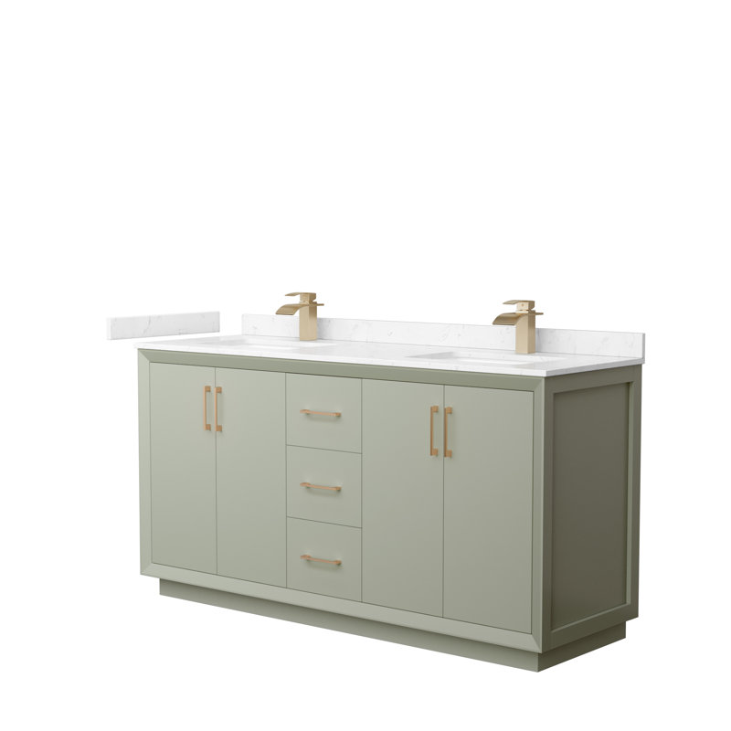 Ensemble de meuble-lavabo double 66 po Strada, Marbre de culture de Carrare, Bronze satiné, Vert clair
