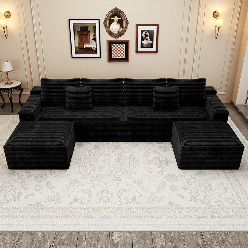 Koli Boneless 138" U-shaped Sectional Couch, Compression Modular Sofa for 6 Person, Black