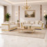 Ensemble de salon 2 pièces Priscilla beige avec garniture dorée, canapé et causeuse, siège rembourré moelleux et coussins décoratifs