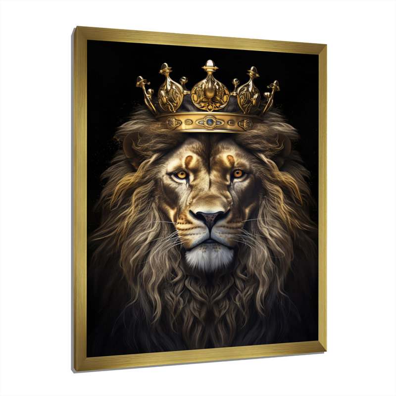 Majestic lion royal avec couronne d'or I - impressions sur toile de lion, Cadre doré simple, H 44 po x l 34 po x P 1,5 po