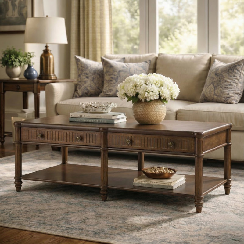 Hoai Derk Transitional 47"W Spindle Fluted Rectangular Storage Coffee Table with Solid Wood Drawers, Walnut