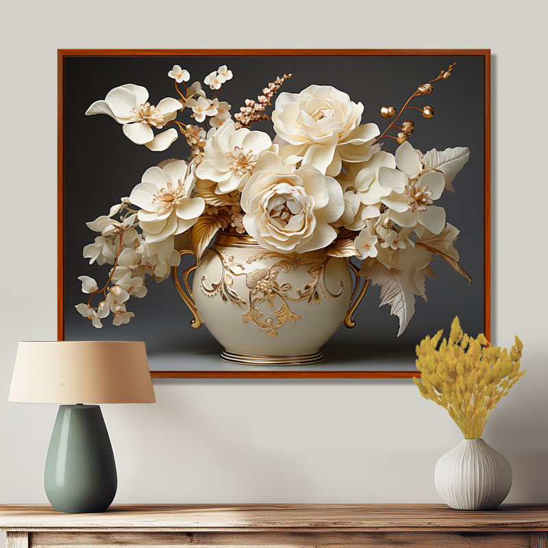 Impression sur toile Baroque Hydrangea blanc et or VII - Hydrangea, H 24 po x l 32 po x P 1 po, Cadre flottant brun