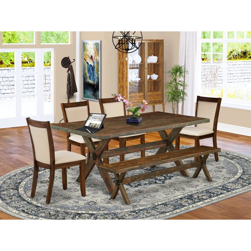 L'ensemble de table de salle à manger 6 pièces contient une table de cuisine rectangulaire avec pieds en X et 4 chaises Parson en tissu de lin beige clair avec un banc, Jacobean patiné