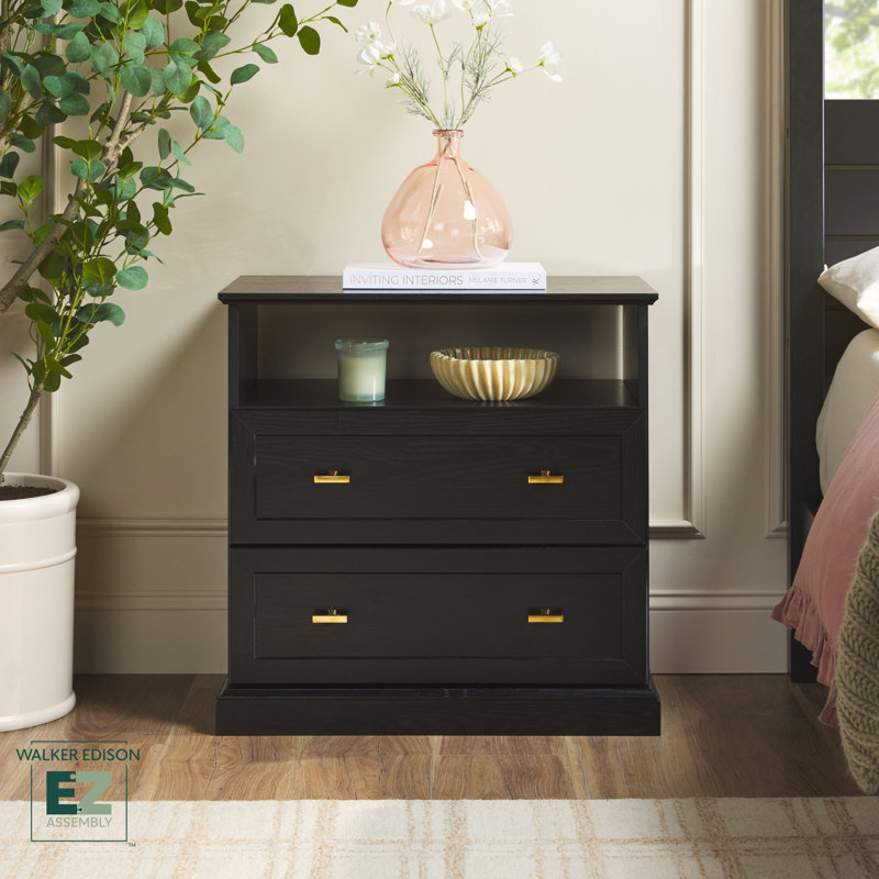  Modern Farmhouse EZ Assembly Drawers Nightstand With Open Shelf For Bedroom Storage