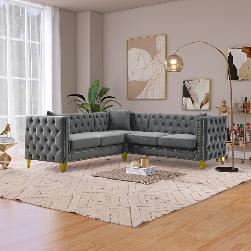 Canapé modulaire en L capitonné Tareena, Velours gris