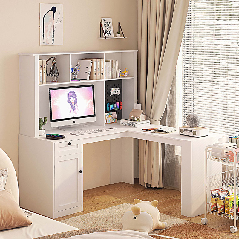 Bureau en L avec tiroirs et bibliothèque