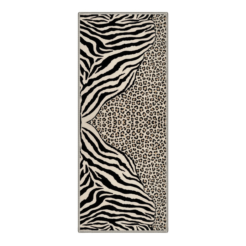 Tapis noir / beige lavable à la machine avec envers antidérapant Abrahamson, Runner 2' x 6'