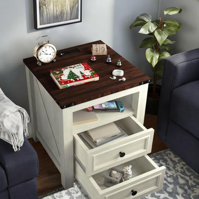 Rustic 18-Inch Nightstand With Charging Station, 2 Storage Drawers & Open Shelf