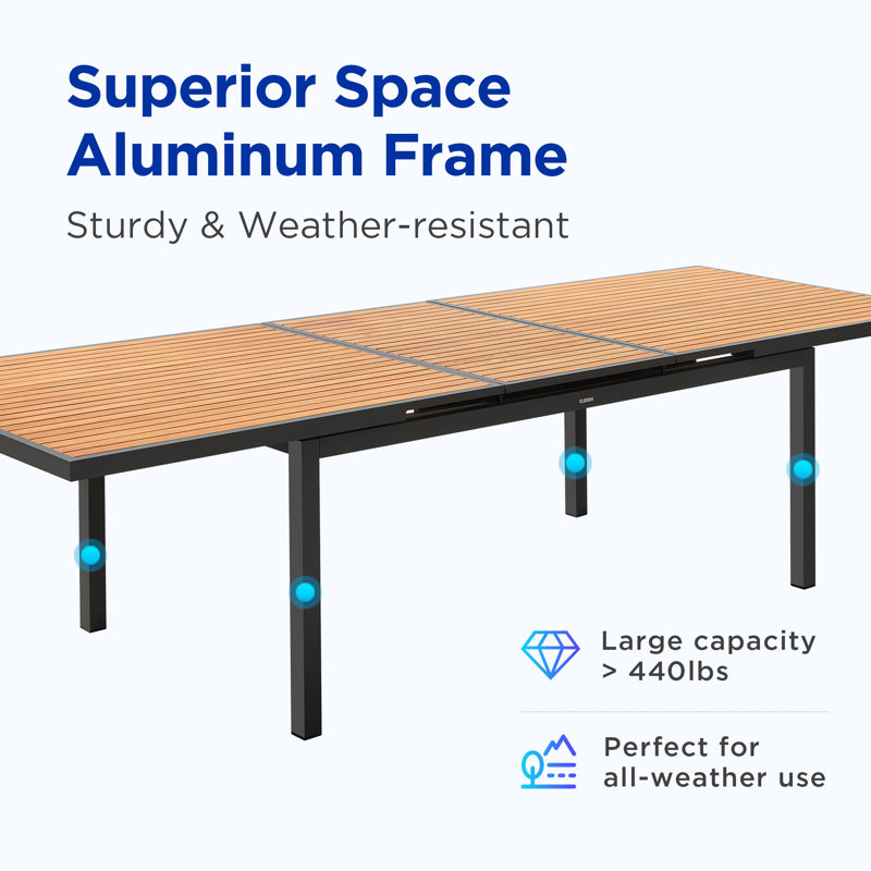 Heck Rectangular Outdoor Dining Set with Extension Teak Tabletop, 8, Dark Charcoal, 30.3" H x 95.7" W x 39.4" D