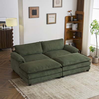90" W Corduroy Modular Sofa with Two Ottomans