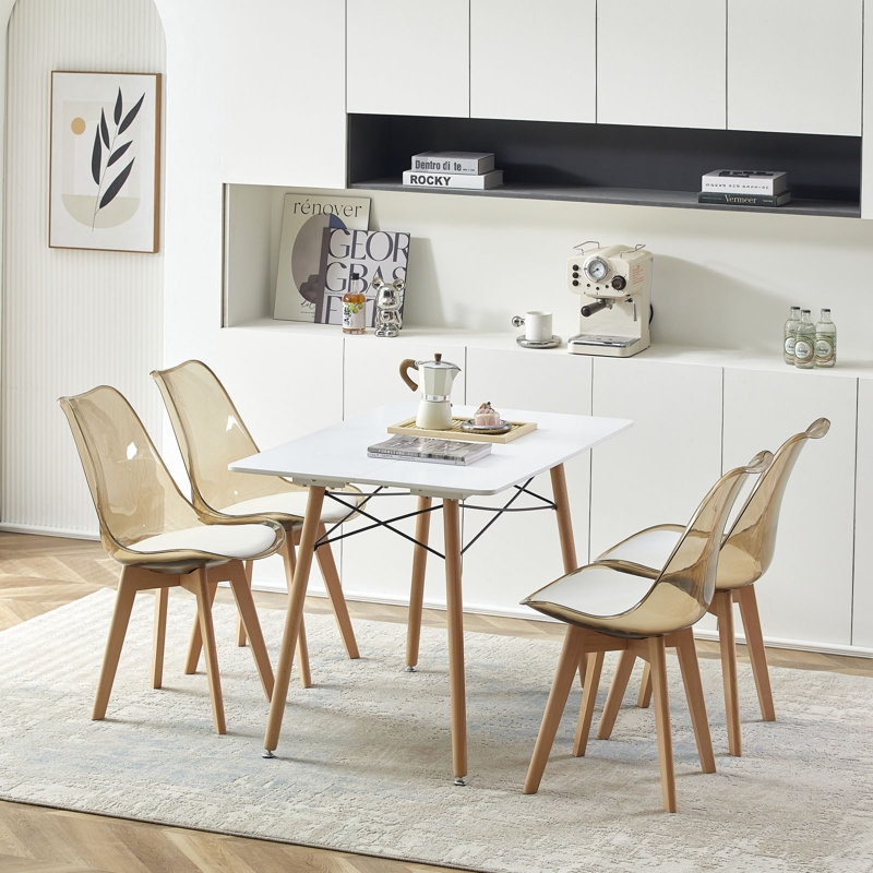 Ensemble de table de salle à manger 5 pièces Modern, table de salle à manger rectangulaire avec 4 chaises en plastique transparent (blanc et ambre transparent)