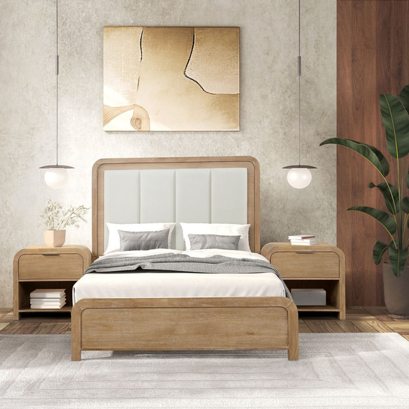Grand lit 2X Nightstands Channel tête de lit matelassée 1pc Cadre de lit à finition naturelle de style transitionnel, Queen
