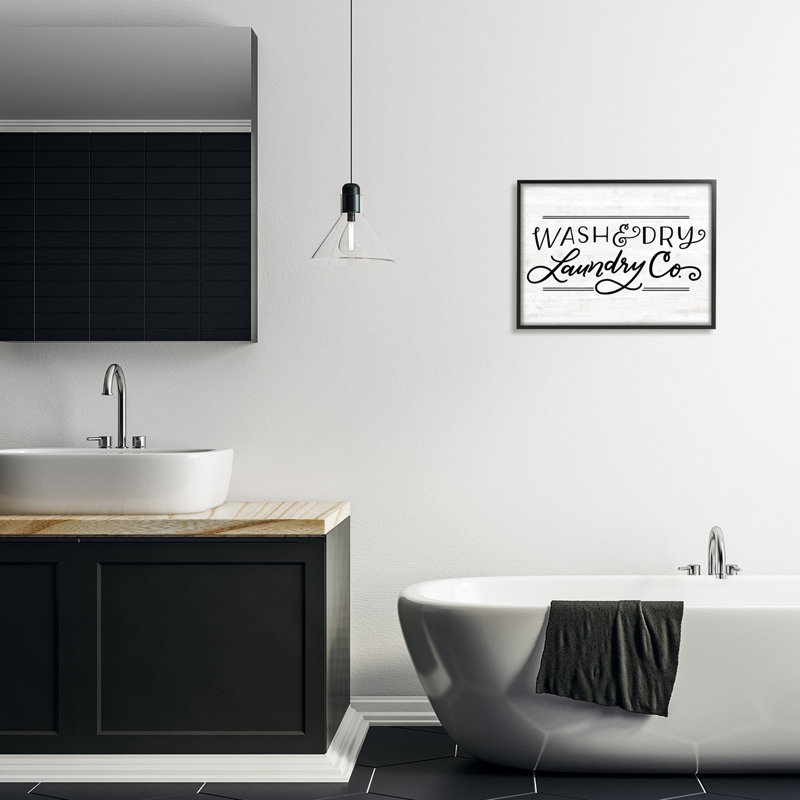 «Wash Laundry Co Grain» - Art textuel, Giclée encadrée noir minuit, H 20 po x l 16 po