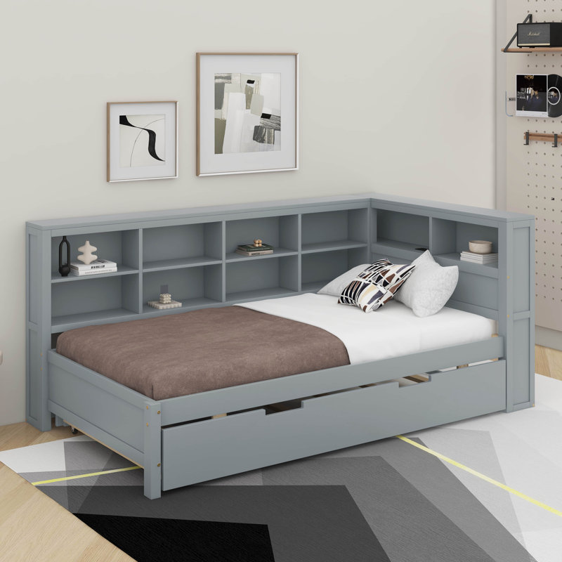 Lit de jour simple avec lit gigogne, tablette et port USB, Gris