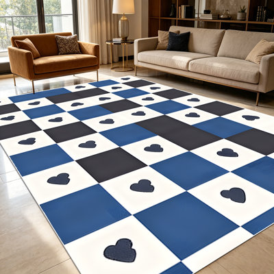 1PC checkered navy blue and off-white heart geometric area rugs for Living Room, Soft and Comfortable, Suitable for all seasons, easy-to-maintain, machine washable Indoor floor mat, Under Table Farmhouse suitable for entryway, bedroom, dining...