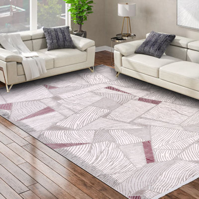 Tapis gris moderne / géométrique antidérapant lavable à la machine