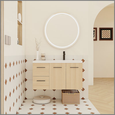 Ensemble de meuble-lavabo flottant mural 36 po avec lavabo 36 po, chêne clair, 2 portes et 2 tiroirs, plateau lavabo en gel, 3 boîtes