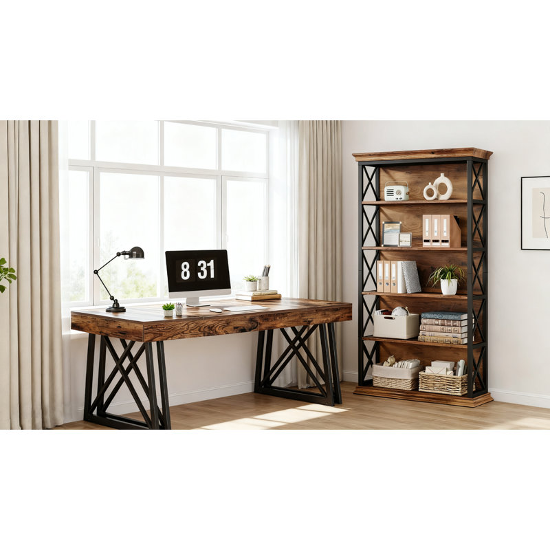 Industrial Computer Desk And Bookcase Set