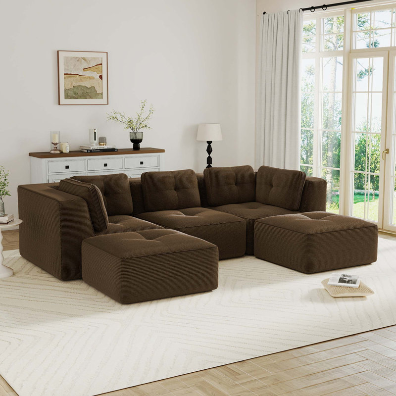 Canapé modulaire moderne avec siège profond et sans assemblage, Velours côtelé - brun, H 27,1 po x l 116,9 po x P 69,7 po