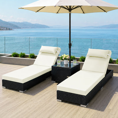  Outdoor Chaise Lounge Chairs Set with Storage Side Table, Rust-Resistant Aluminum Frame, Adjustable Backrest and Footrest, All-Weather Wicker Rattan, with Extra Washable Cushion Covers for Patio, Poolside, Backyard - Beige
