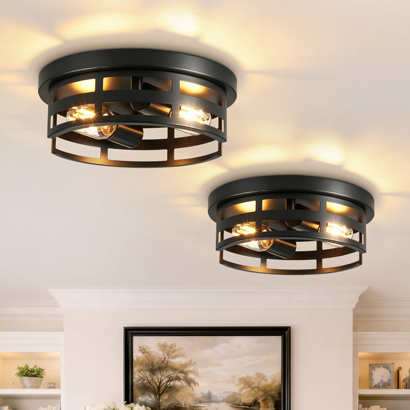 2-Pack Industrial Round Black Metal 2-Light Flush Mount Ceiling Light(Bulb Not Include) 