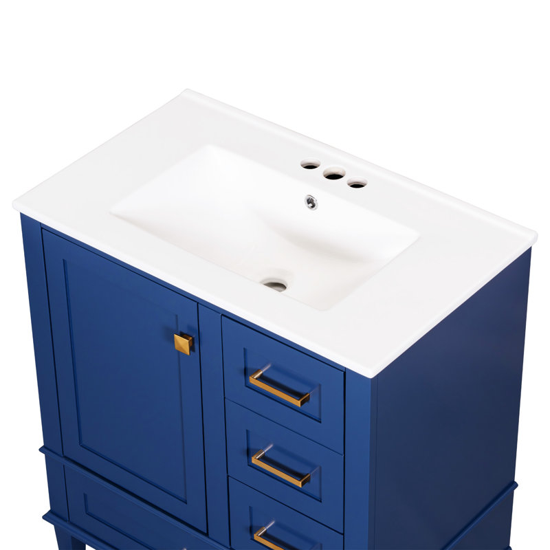 Blue 30" Solid Wood Bathroom Vanity with Ceramic Sink